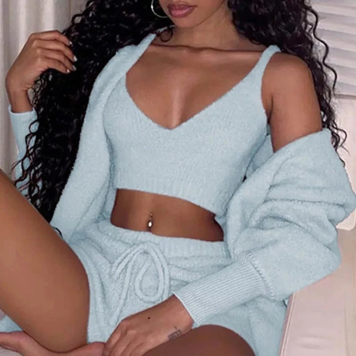 Luxury 3PCS Women’s Pajama Lounge Set with Crop Tank & Shorts